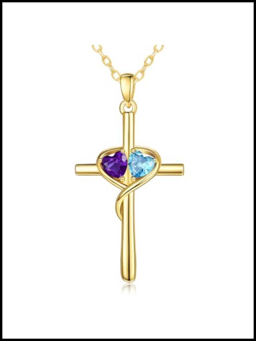 14K Gold Tone Heart Cross Pendant Necklace Dual Birthstone 20"